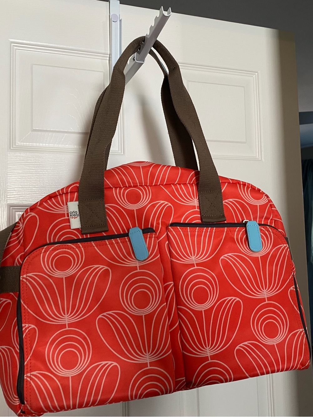 Orla Kiely Red Floral Travel Tote with Brown Straps